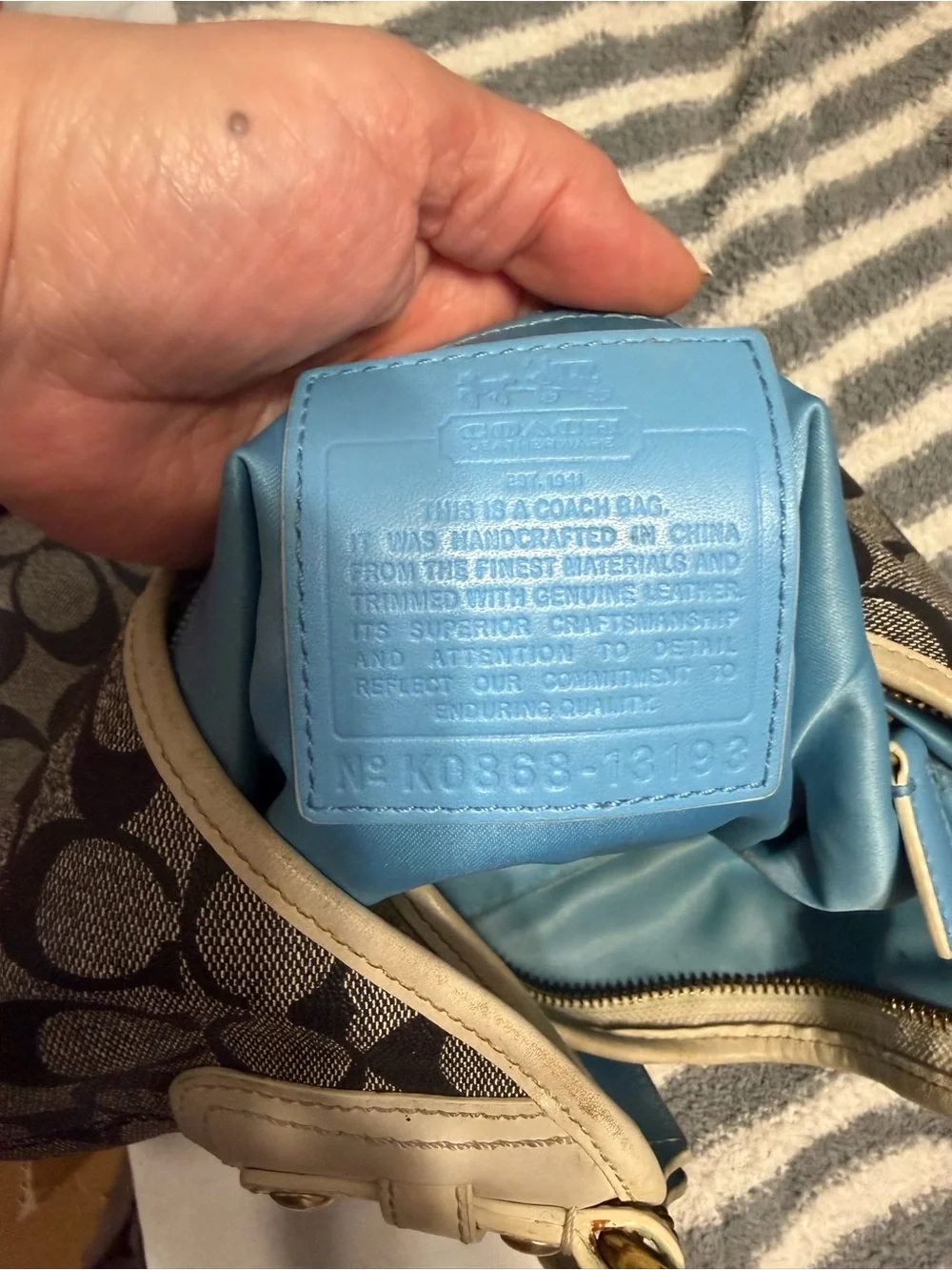Coach Black Signature Hobo with Blue & White Center Stripe